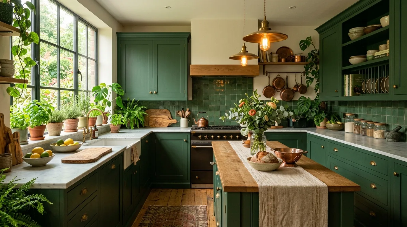 Create contrast through tone rather than visual clutter inspiration for a green kitchen.